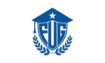 FUG three letter iconic academic logo design vector template. monogram, abstract, school, college, university, graduation cap symbol logo, shield, model, institute, educational, coaching canter, tech