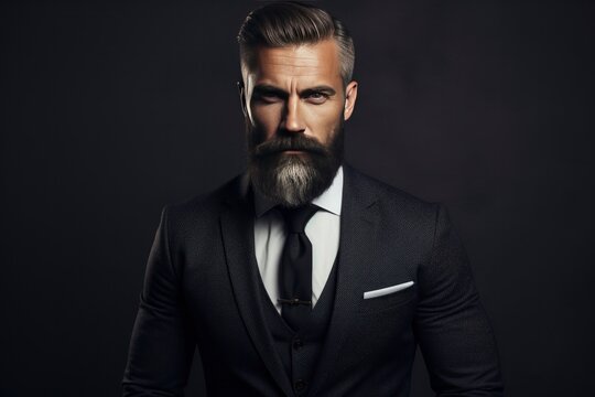 portrait of a stylish bearded man in suit with dark background