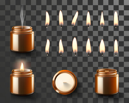 Set of Perfumed Soy and coconut wax candle in brown glass jar and candles flames different shapes isolated on transparent background. Candlelight, aromatherapy. Realistic 3d Vector illustration.