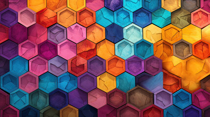 A playful and colorful background of randomly arranged pentagons, each with unique patterns and textures, evoking a sense of fun and whimsy Ai Generative