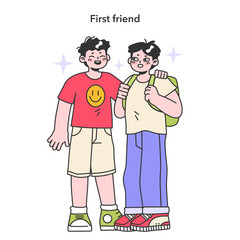 First friend. School friends standing together. Childhood yeas life milestones. Little boy getting old and gain new experience. Flat vector illustration