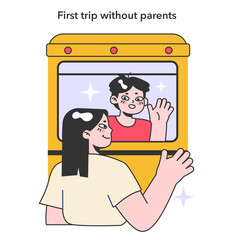 First trip without parents. Boy waving to his mother at the train station. Teenager years life milestones. Teen boy getting old and gain new experience. Flat vector illustration
