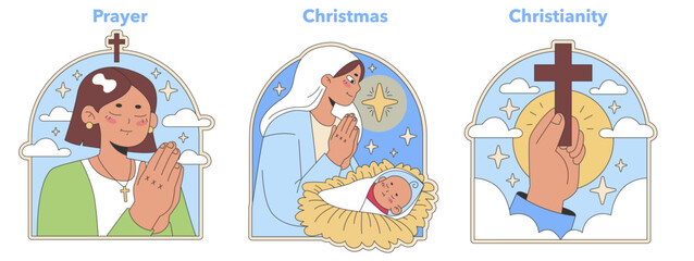 Christianity set. Devout prayer, serene Nativity scene, and the Cross as faith's symbol. Personal devotion, Christmas celebration, Christian emblem. Flat vector illustration