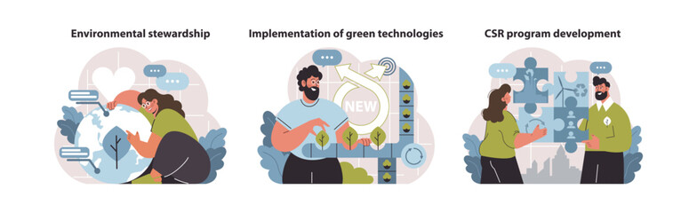 Corporate stewardship set. Nurturing the planet, advancing green tech, shaping CSR strategies. Uniting care with innovation for a sustainable future. Flat vector illustration.