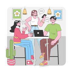 Friends catching up in a cozy cafe setting. Animated discussions, coffee sips, and shared laughter amid modern decor elements. Capturing candid moments. Flat vector illustration
