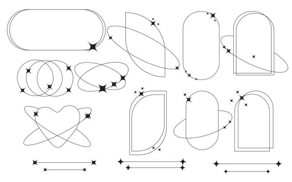 Set of geometric aesthetic abstract line frames and shapes with stars boho, brutalism, Y2K style. Geometric elements with sparkles for template design social media, poster, banner, logo, stickers
