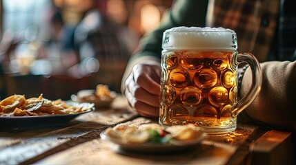 A steamed mug of light amber beer and plates of snacks, male hands. Cozy bar, wooden table. Close-up. Copy space.