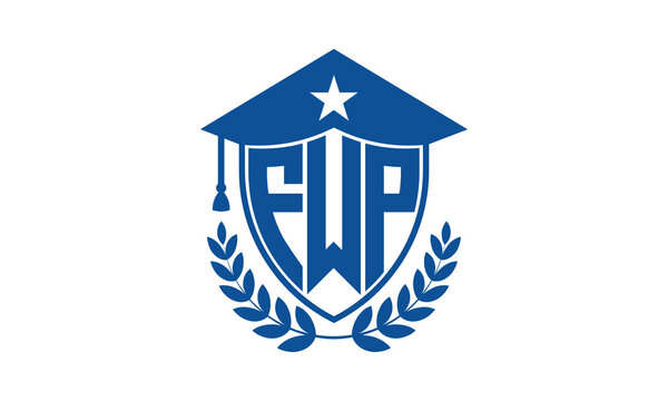 FWP three letter iconic academic logo design vector template. monogram, abstract, school, college, university, graduation cap symbol logo, shield, model, institute, educational, coaching canter, tech