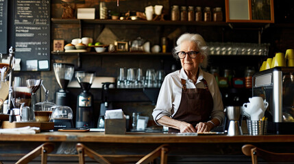 Fototapeta na wymiar Senior woman barista grandma aged society coffee business family