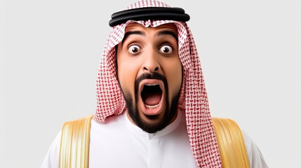 Surprised Arab Middle Eastern Saudi man in traditional thobe with surprised reaction. Isolated on white background