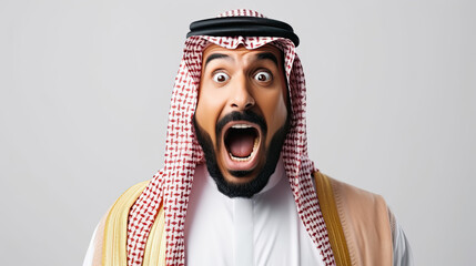 Surprised Arab Middle Eastern Saudi man in traditional thobe with surprised reaction. Isolated on white background