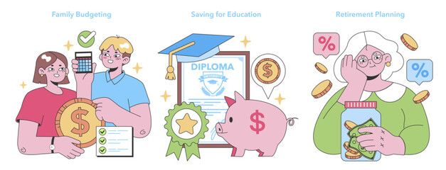 Life's Precious Moments trio. Managing finances for family, education, and retirement. Strategy for savings, tuition, and senior living. Flat vector illustration