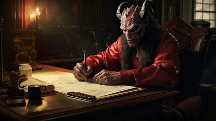 The devil Signing a contract in his office.	