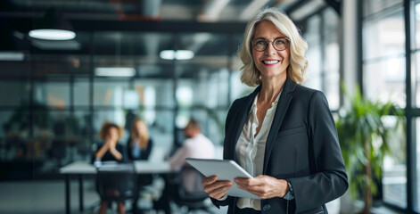 Happy business woman holding a tablet while standing in an office - obrazy, fototapety, plakaty