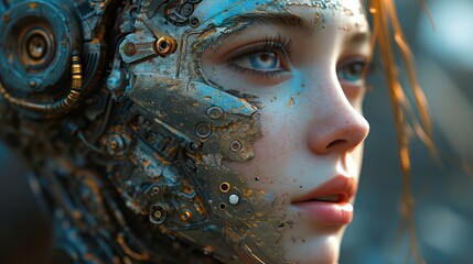 Robot woman with makeup Close up portrait, technology future, background large ratio 16:9