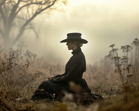 Amish Quaker woman doing meditation.
