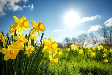 Daffodil flowers in the field. - obrazy, fototapety, plakaty