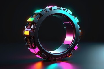 Fototapeta na wymiar A mysterious metal ring with neon lights, horizontal composition