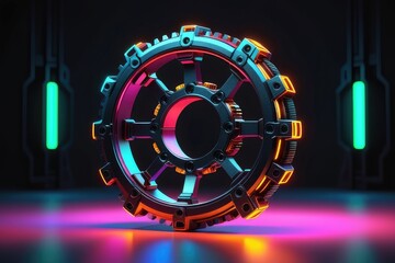A mysterious metal ring with neon lights, horizontal composition