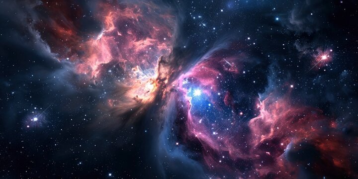 Space background with stardust and shining stars. Realistic colorful cosmos with nebula and milky way.