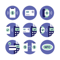 Set of icons related to payment methods. Online banking, NFC, contactless payment in colorful modern minimal style. Vector illustration