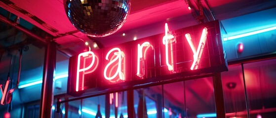 background, wallpaper of a neon party word and glowing disco ball