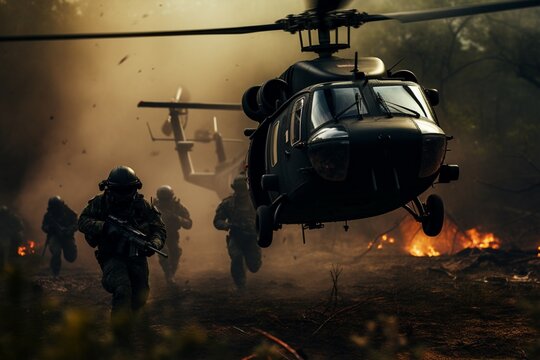 Full shot of soldiers in action, aided by a helicopter.