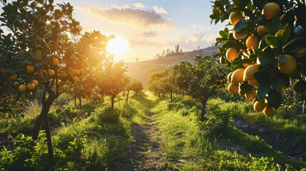 Ripe lemons hanging from branches in a sunlit orchard, with a warm golden glow of the sunset in the background.
