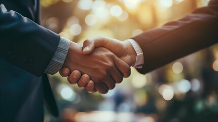 Close up of two businessmen shaking hands in the city. Business concept.