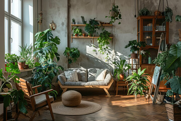 Fototapeta na wymiar Interior of modern minimalist living room with many houseplants