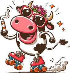 a cheerful cow in sunglasses and a flower wreath on her head roller skates