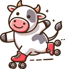 cheerful cow skating on red roller skates vector simple drawing