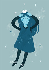Doodle-Style Vector: Enchanting Young Girl Soaring in the Blue Sky, Holding a Dreamy Crown – Perfect for Magical Designs and Fantasy Illustration! 