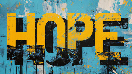 Hope word painted on a rusty metal surface with blue and yellow paint.