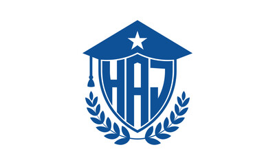 HAJ three letter iconic academic logo design vector template. monogram, abstract, school, college, university, graduation cap symbol logo, shield, model, institute, educational, coaching canter, tech