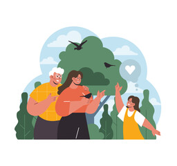 Heartwarming Family Moment. Young woman and elderly man stands with a joyful child, celebrating the bonds of a foster family amidst a green. Unity and love evident. Flat vector.