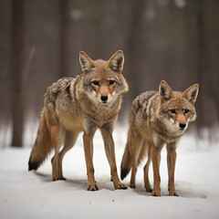 Naklejka na ściany i meble Coyotes in Twilight Navigating the Wild Tapestry of Adaptation and Conservation ai generated