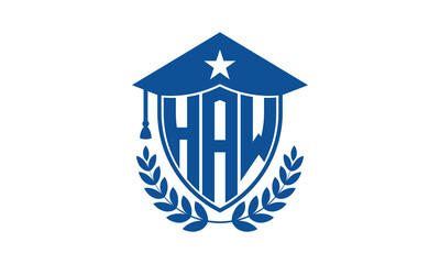 HAW three letter iconic academic logo design vector template. monogram, abstract, school, college, university, graduation cap symbol logo, shield, model, institute, educational, coaching canter, tech