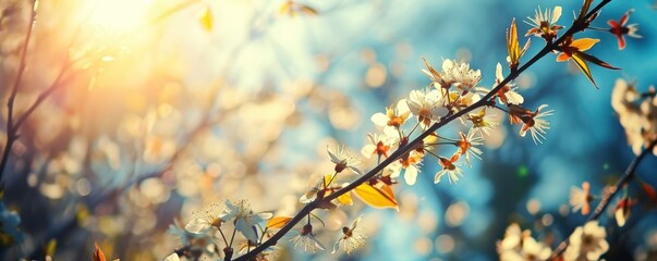 A fresh spring blue sunny sky background with blurred warm sunny glow. - obrazy, fototapety, plakaty