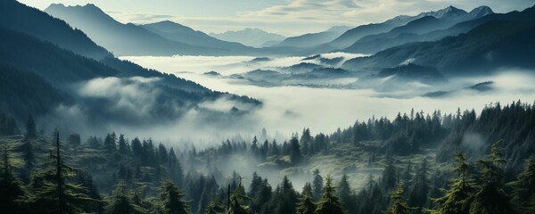 Mountains and Foggy Forest Drone View. Generative AI - obrazy, fototapety, plakaty