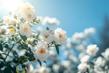 White bush roses on a background of blue sky in the sunlight. Beautiful spring or summer floral background.