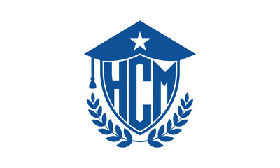 HCM three letter iconic academic logo design vector template. monogram, abstract, school, college, university, graduation cap symbol logo, shield, model, institute, educational, coaching canter, tech