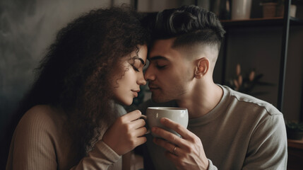 Young couple enjoying a cup of coffee, tea, hot beverage, date, romantic, morning, breakfast 