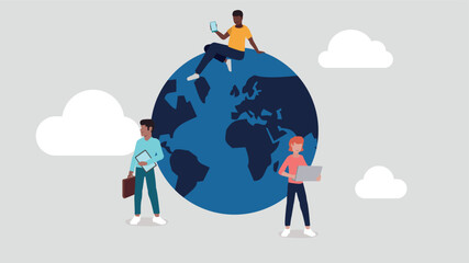 Vektor-Illustration eines Globus mit Menschen aus verschiedenen Nationen, die in einem Netzwerk arbeiten - Business-Konzept © ARNE