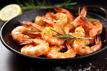 Delicious cooked shrimps served with lemon, pepper and rosemary on white background - obrazy, fototapety, plakaty