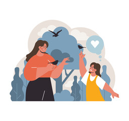 Mother and daughter sharing a joyful moment with birds in nature. Celebrating love and happiness amidst serene surroundings. Bonding, nature's bliss, and childhood wonder. Flat vector illustration