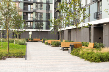 Patio. Garden. Urban, neutral, outdoor living space. Exterior photo. Outdoor living room with...