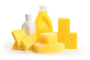 Detergent for dishes with a sponges scraper and bottles isolated on white background