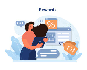 Rewards program exploration. Woman engaging with online offers and discounts on a tablet, seeking best shopping deals. Navigating loyalty benefits, price tags, and savings. Flat vector illustration