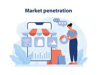 Market penetration concept. Woman analyses digital store data amidst shopping icons. E-commerce growth. Online purchasing trends. Cityscape background. Flat vector illustration.